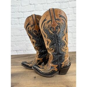 Corral Vintage Leather Studded Tall Western Cowgirl Boots Black Tan Snip Toe 7